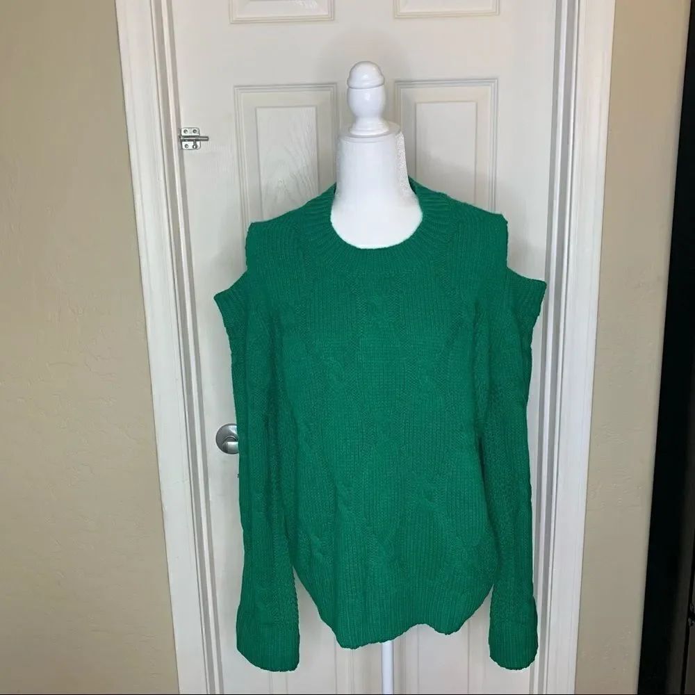 RD Style Cable Knit Cold Shoulder Green Sweater